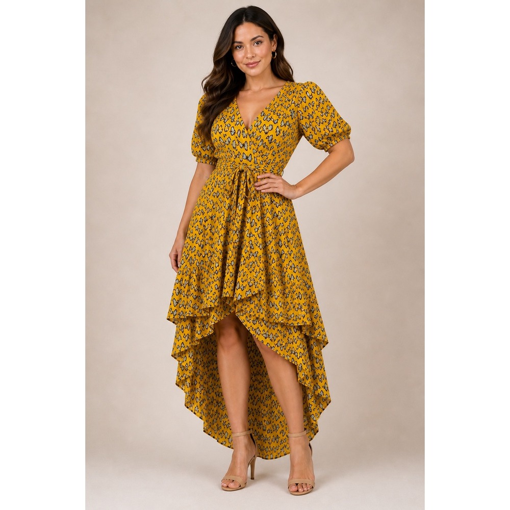 Kori America Yellow Butterfly Print High Low Wrap Dress Short Sleeve Small Y5704